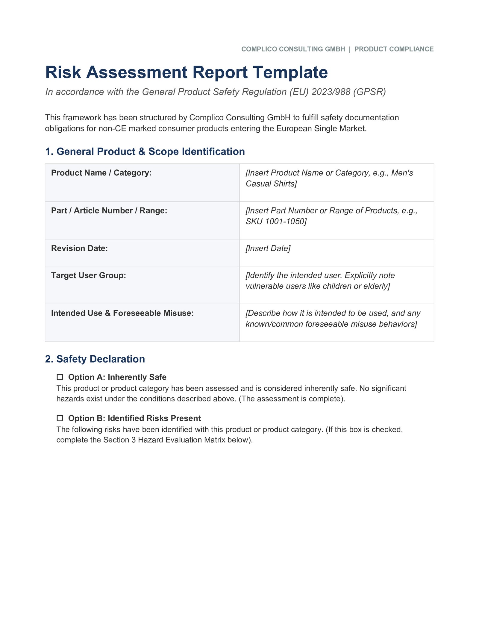 GPSR Product Risk Assessment Template Complico